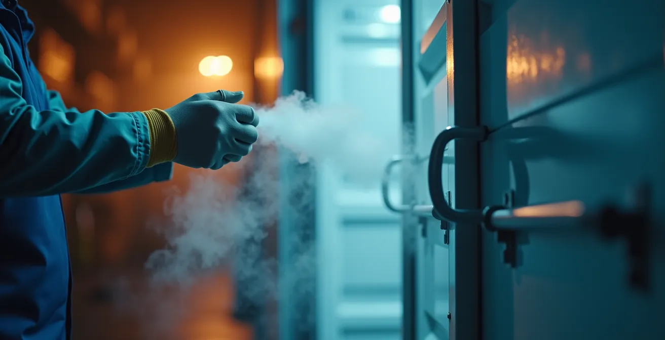 Portes d'un conteneur frigorifique s'ouvrant avec échappement de vapeur froide