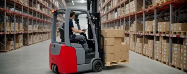 Opérateur conduisant un chariot élévateur dans un entrepôt logistique industriel