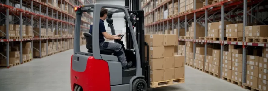 Opérateur conduisant un chariot élévateur dans un entrepôt logistique industriel