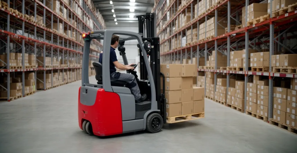 Opérateur conduisant un chariot élévateur dans un entrepôt logistique industriel