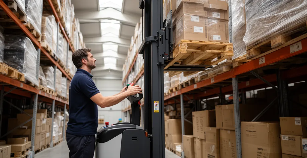 Gerbeur électrique levant une palette vers un rayonnage en hauteur dans un entrepôt