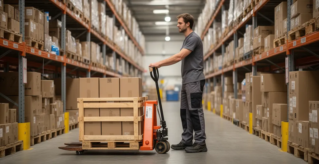 Manutentionnaire utilisant un transpalette électrique dans une allée d'entrepôt