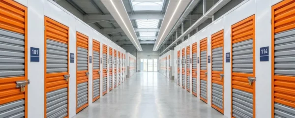 Allée centrale d'un entrepôt de garde-meubles contemporain avec boxes privatifs numérotés et éclairage LED naturel