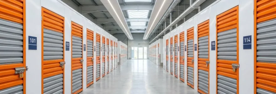 Allée centrale d'un entrepôt de garde-meubles contemporain avec boxes privatifs numérotés et éclairage LED naturel