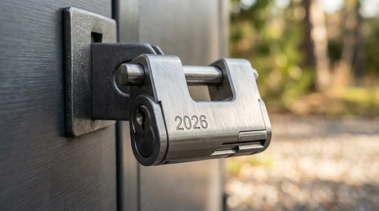 Gros plan sur un cadenas haute sécurité en métal brossé fermant une porte de box de stockage, avec arrière-plan flouté