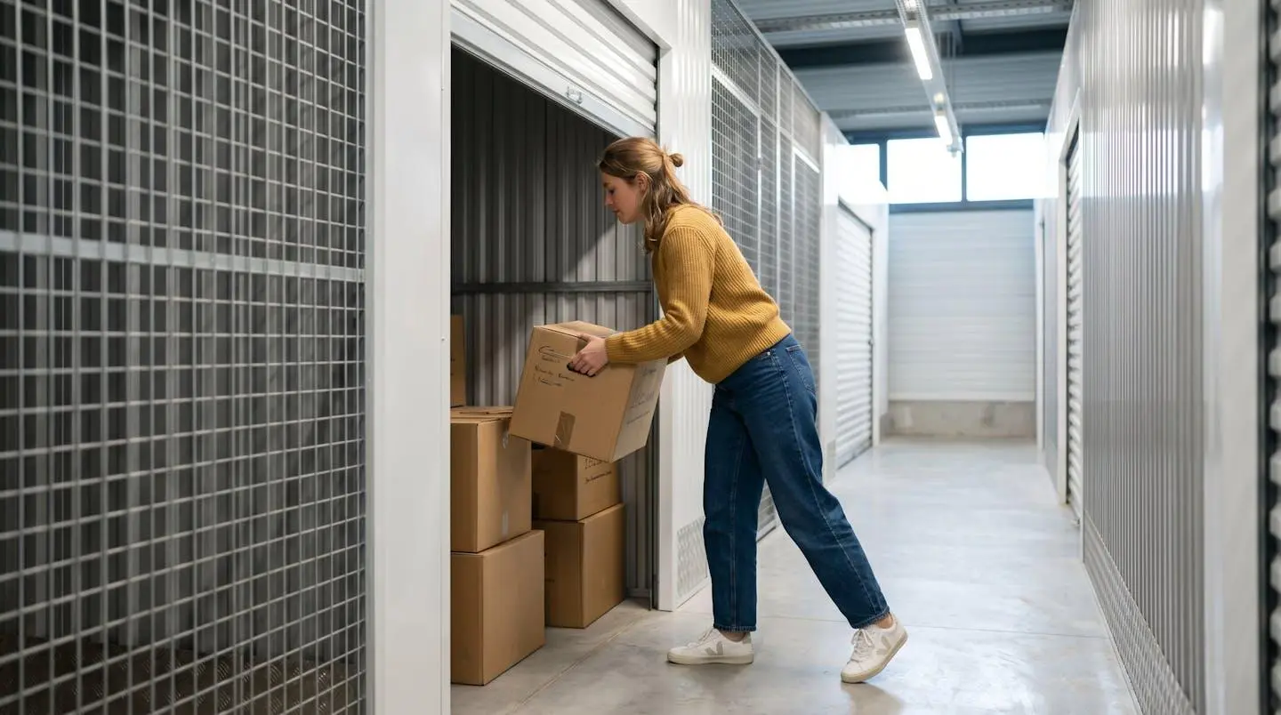 Une personne vue de profil range méthodiquement des cartons étiquetés dans un box de garde-meubles éclairé