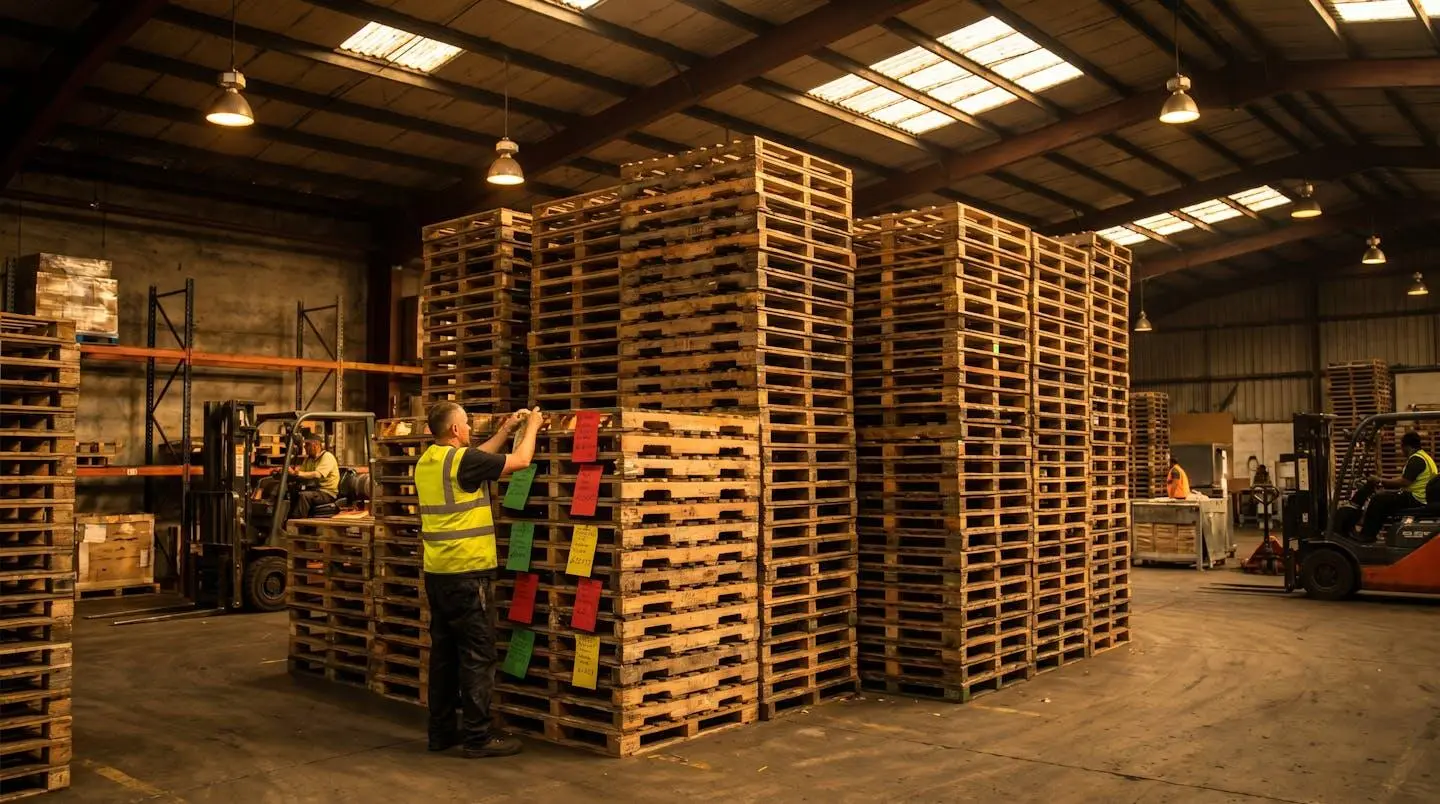 Lots de palettes bois d'occasion triées et empilées dans un entrepôt logistique avec étiquettes de contrôle qualité