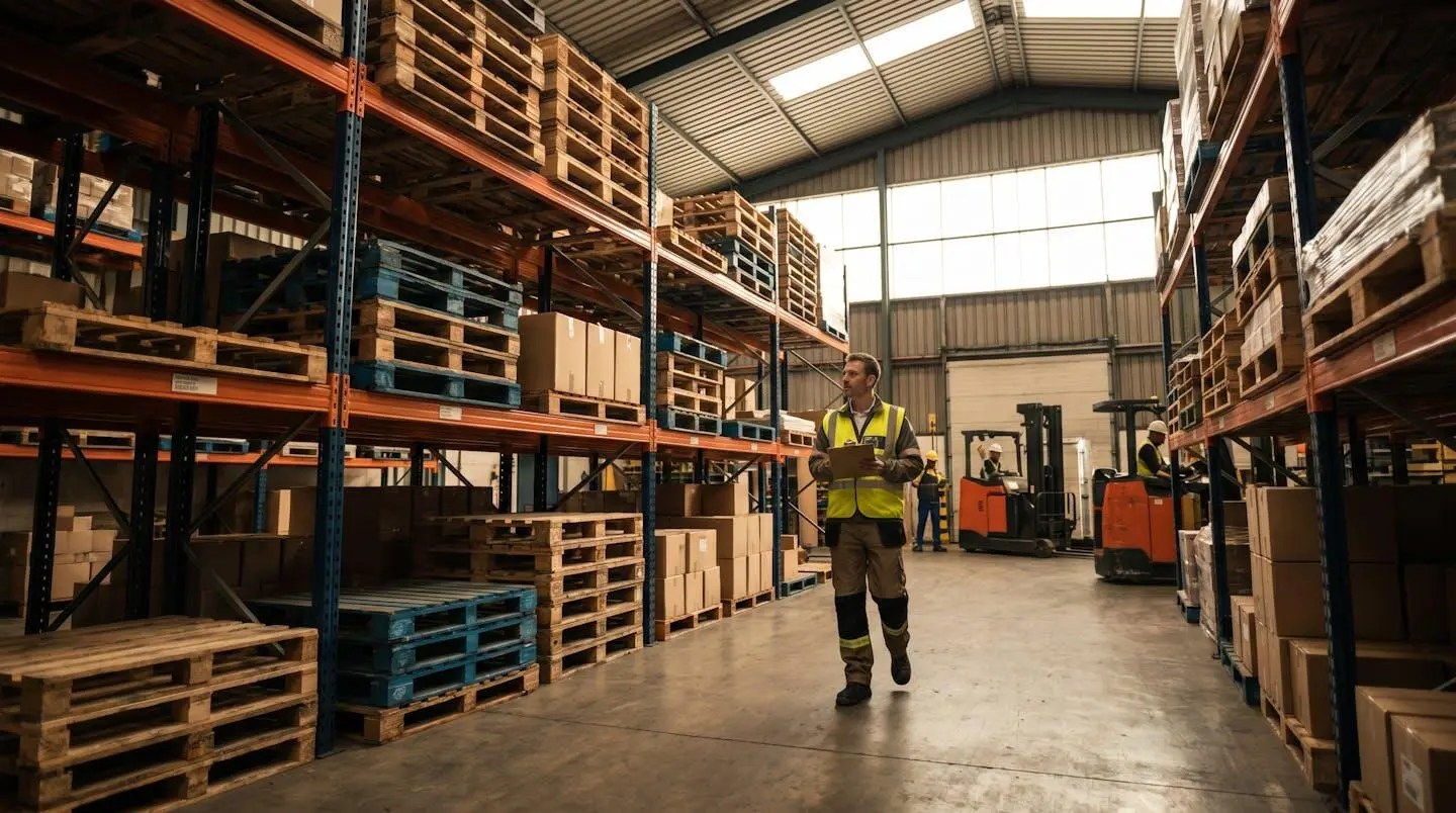 Responsable logistique dans un entrepôt comparant différents types de palettes bois et plastique sur des rayonnages