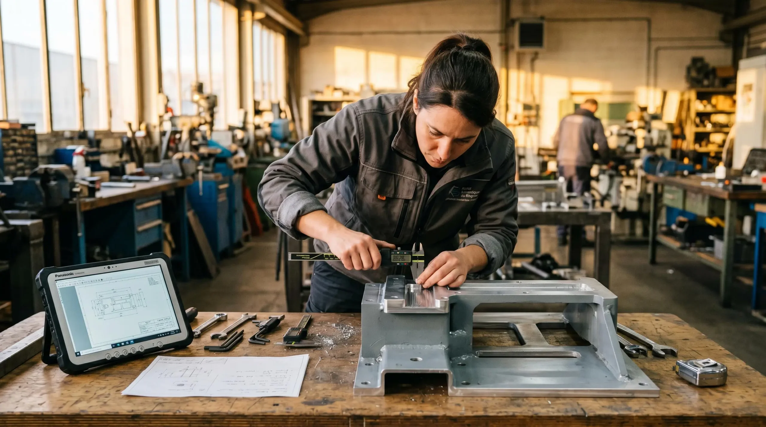 Technicien mesurant les dimensions d'un produit avec un mètre ruban dans un atelier technique, avec palette prototype grise et plans de fabrication visibles en arrière-plan