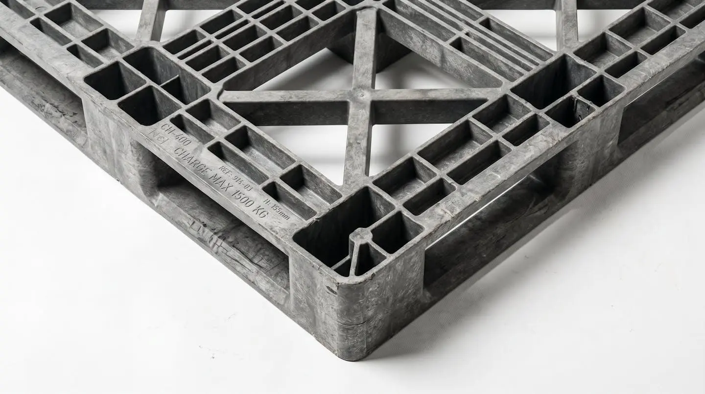 Vue rapprochée sur l'angle d'une palette plastique grise montrant les nervures de renforcement épaisses, traverses structurelles et plots d'appui surélevés conçus pour charges décentrées